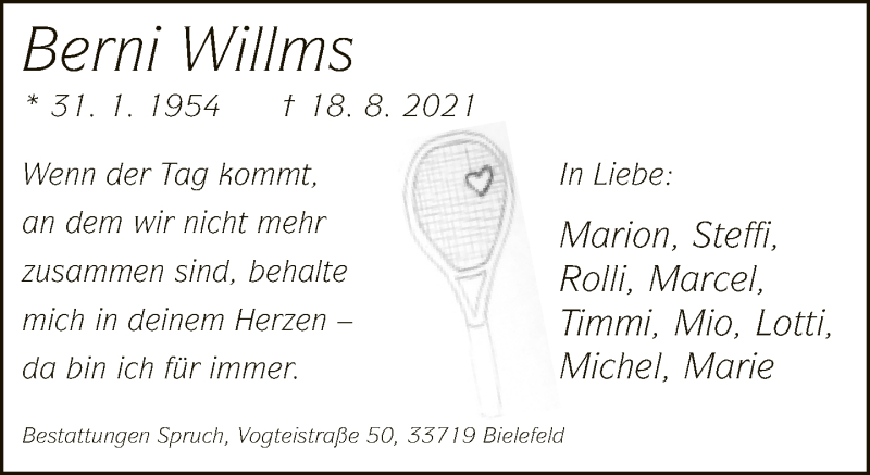  Traueranzeige für Berni Willms vom 21.08.2021 aus Neue Westfälische