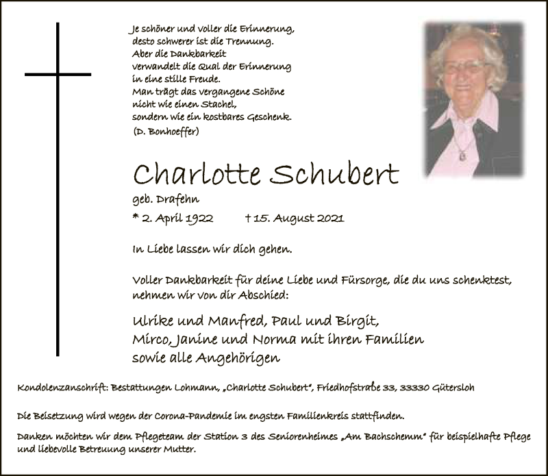  Traueranzeige für Charlotte Schubert vom 21.08.2021 aus Neue Westfälische