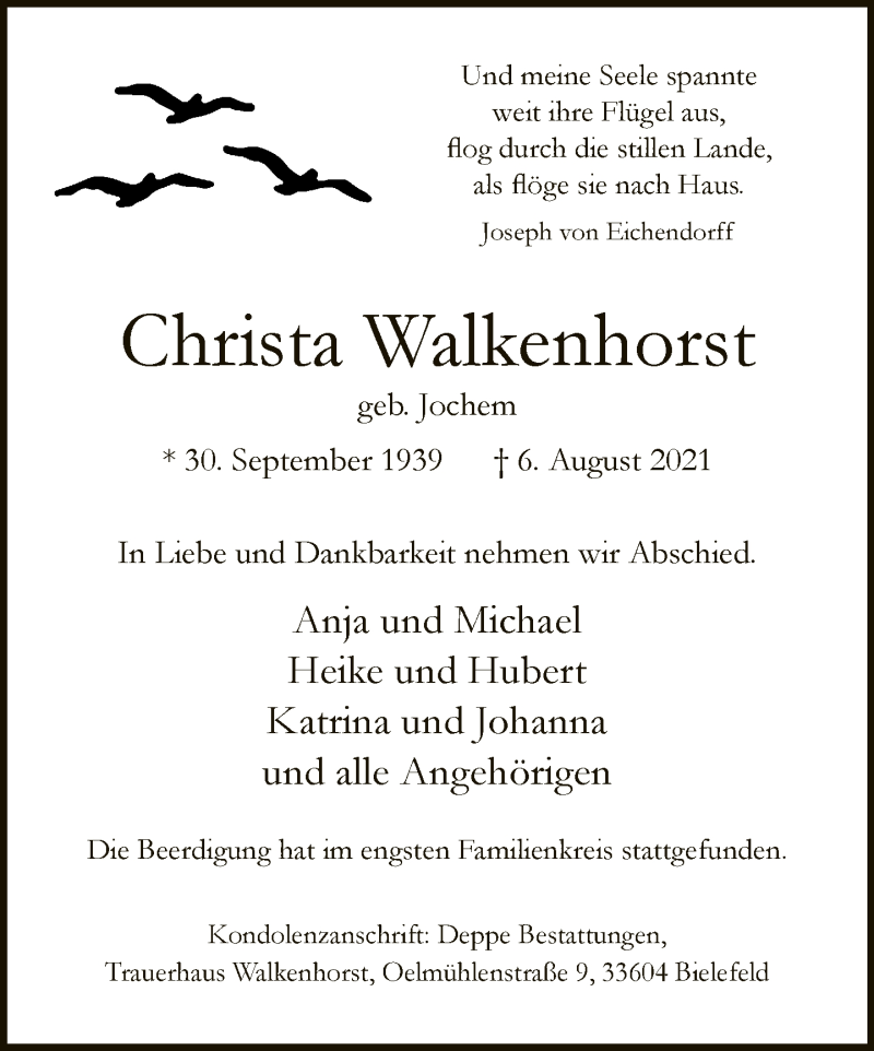  Traueranzeige für Christa Walkenhorst vom 14.08.2021 aus Neue Westfälische