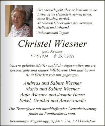 Traueranzeige von Christel Wiesner von Neue Westfälische