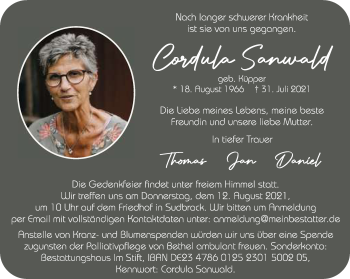 Traueranzeige von Cordula Sanwald von Neue Westfälische