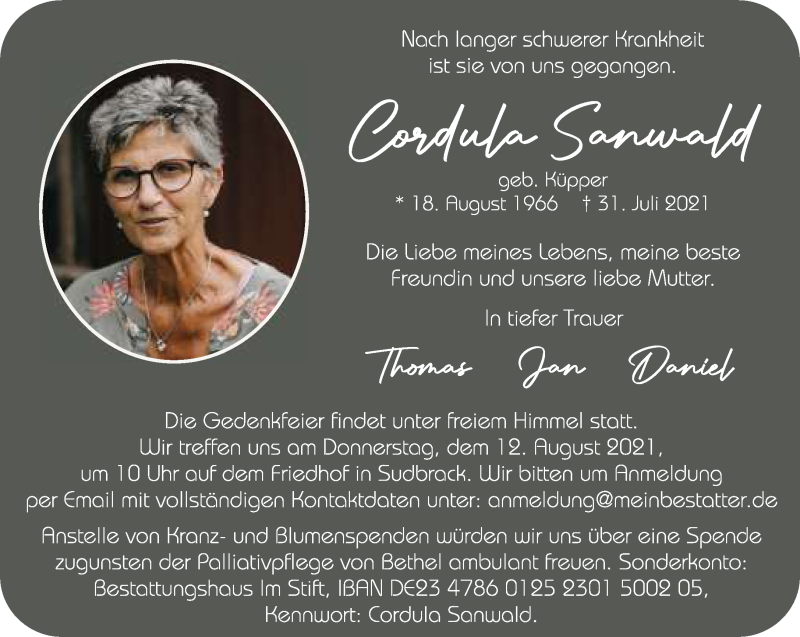  Traueranzeige für Cordula Sanwald vom 07.08.2021 aus Neue Westfälische