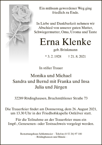 Traueranzeige von Erna Klenke von Neue Westfälische