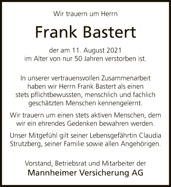 Traueranzeige von Frank Bastert von Neue Westfälische