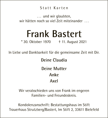 Traueranzeige von Frank Bastert von Neue Westfälische