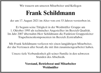 Traueranzeige von Frank Schildmann von Neue Westfälische