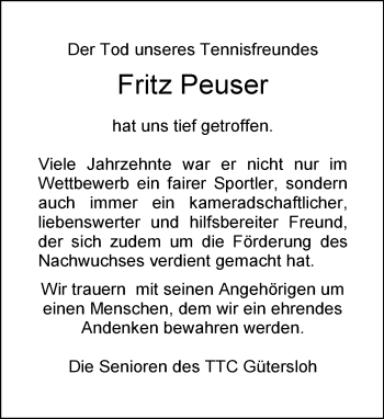 Traueranzeige von Fritz Peuser von Neue Westfälische