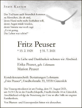 Traueranzeige von Fritz Peuser von Neue Westfälische