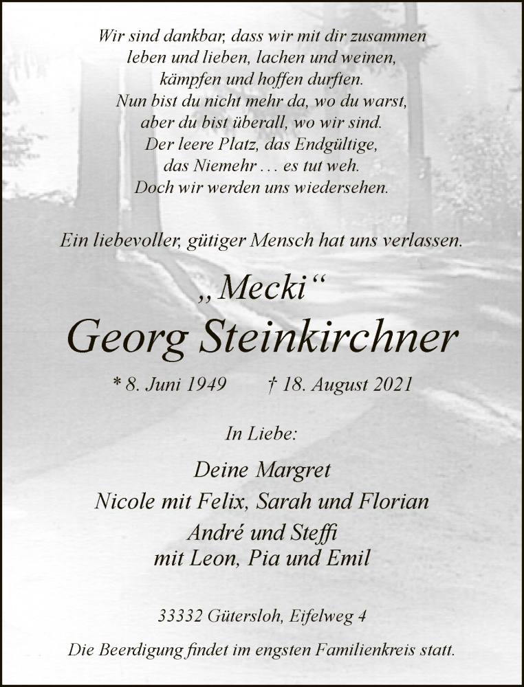  Traueranzeige für Georg Steinkirchner vom 21.08.2021 aus Neue Westfälische