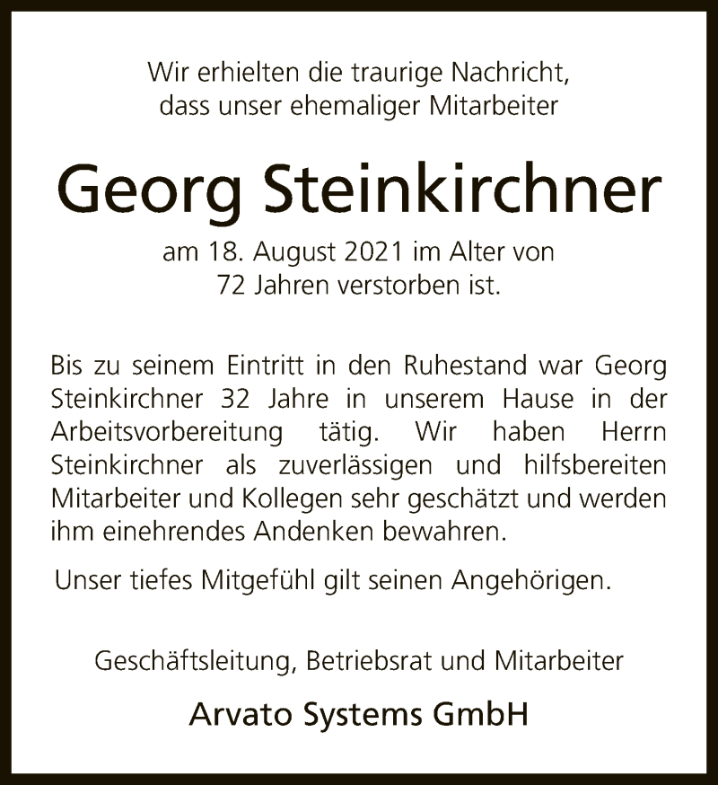  Traueranzeige für Georg Steinkirchner vom 26.08.2021 aus Neue Westfälische