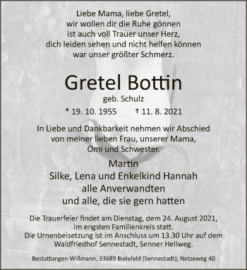 Traueranzeige von Gretel Bottin von Neue Westfälische