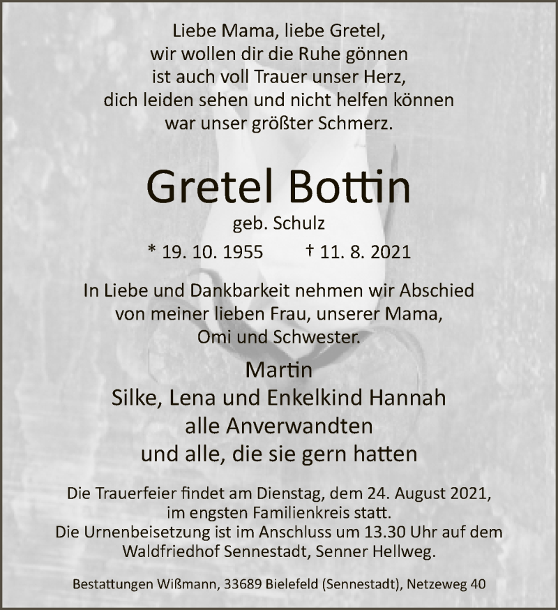  Traueranzeige für Gretel Bottin vom 21.08.2021 aus Neue Westfälische