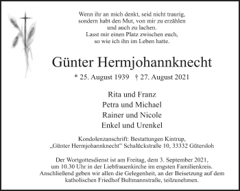 Traueranzeige von Günter Hermjohannknecht von Neue Westfälische
