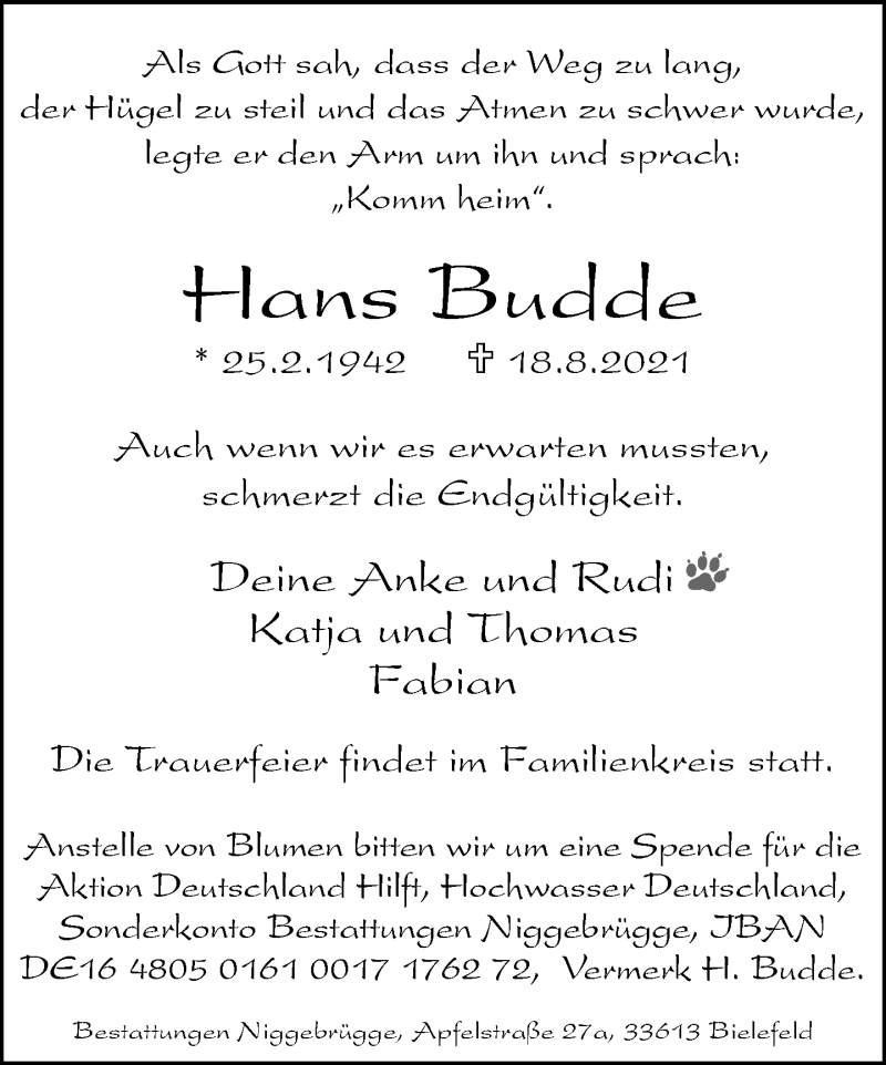  Traueranzeige für Hans Budde vom 21.08.2021 aus Neue Westfälische