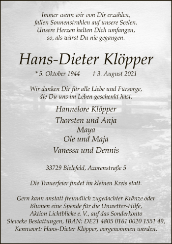 Traueranzeige von Hans-Dieter Klöpper von Neue Westfälische