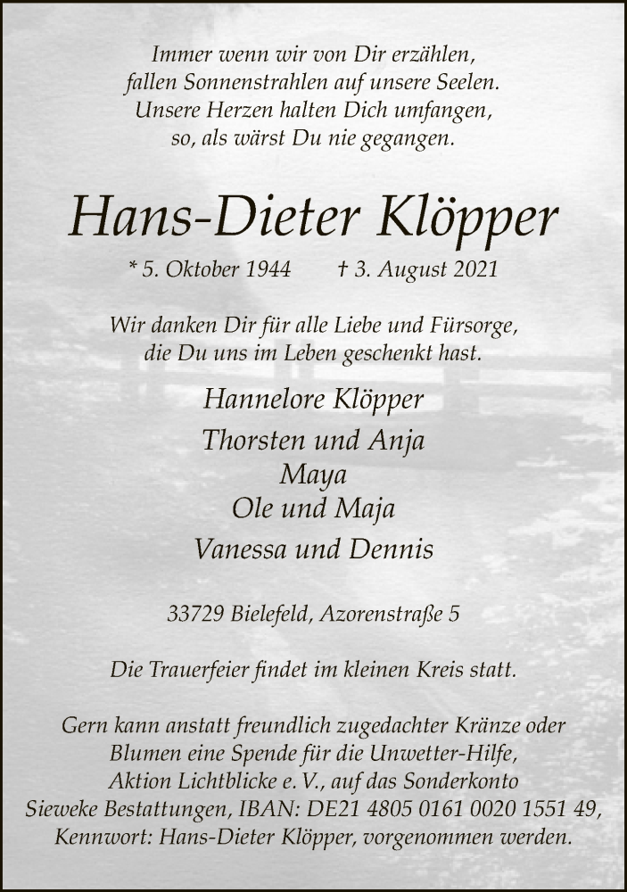 Traueranzeige für Hans-Dieter Klöpper vom 07.08.2021 aus Neue Westfälische