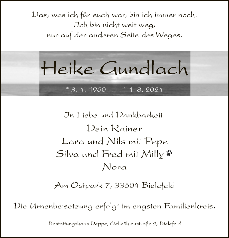  Traueranzeige für Heike Gundlach vom 07.08.2021 aus Neue Westfälische