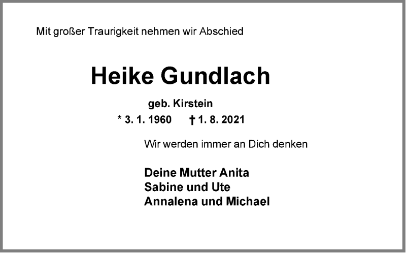  Traueranzeige für Heike Gundlach vom 14.08.2021 aus Neue Westfälische
