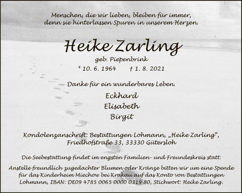  Traueranzeige für Heike Zarling vom 21.08.2021 aus Neue Westfälische