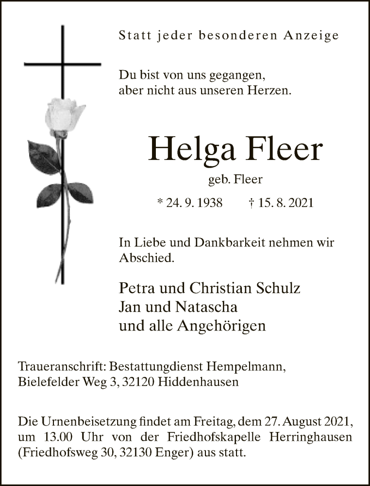  Traueranzeige für Helga Fleer vom 18.08.2021 aus Neue Westfälische