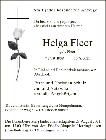 Traueranzeige von Helga Fleer von Neue Westfälische