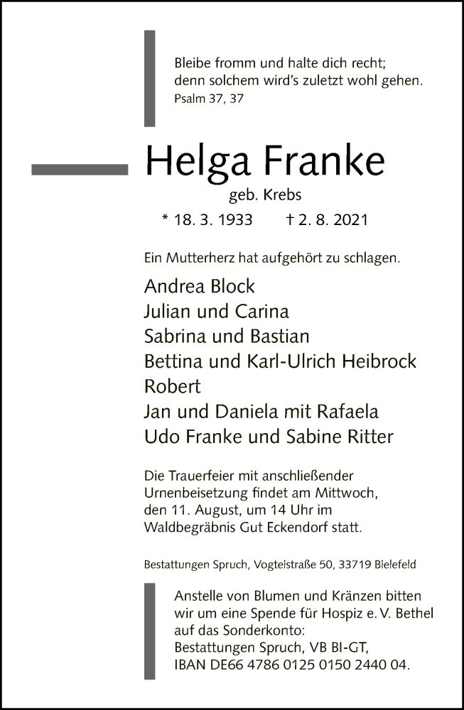  Traueranzeige für Helga Franke vom 07.08.2021 aus Neue Westfälische