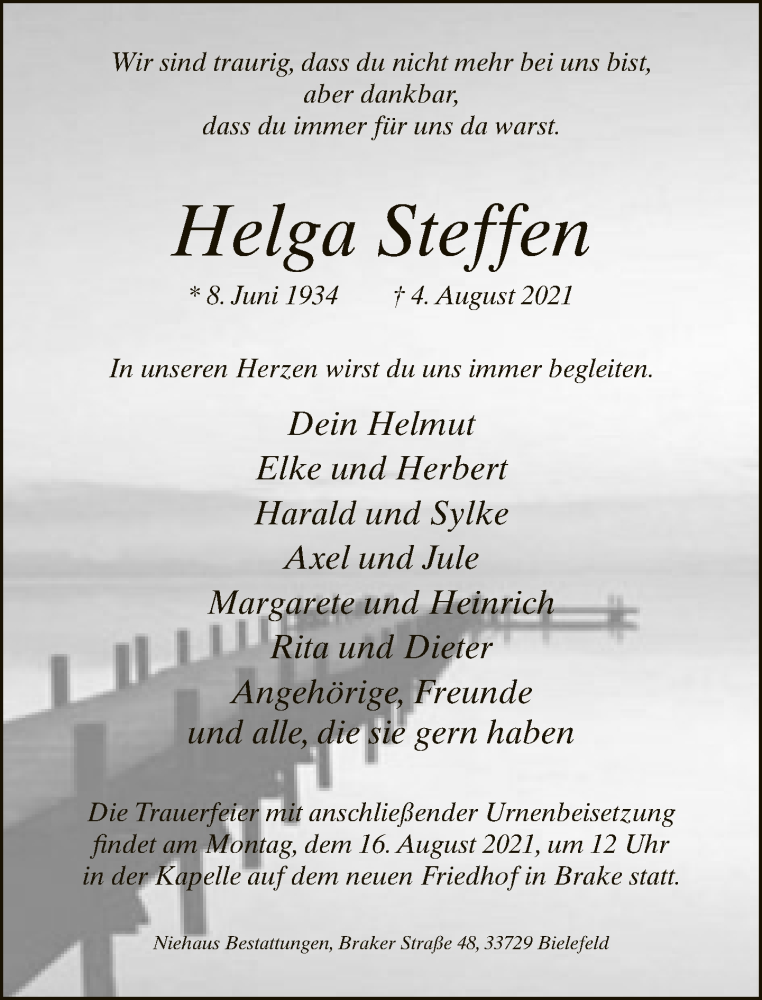  Traueranzeige für Helga Steffen vom 07.08.2021 aus Neue Westfälische