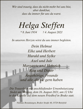 Traueranzeige von Helga Steffen von Neue Westfälische