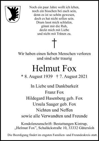 Traueranzeige von Helmut Fox von Neue Westfälische