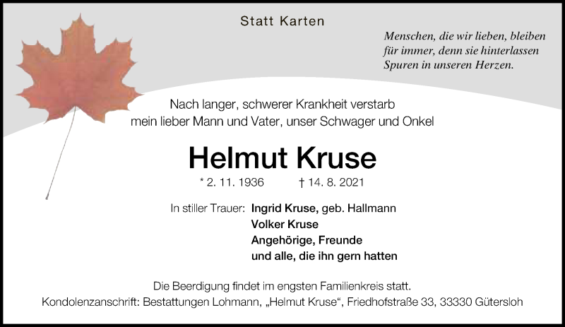  Traueranzeige für Helmut Kruse vom 19.08.2021 aus Neue Westfälische