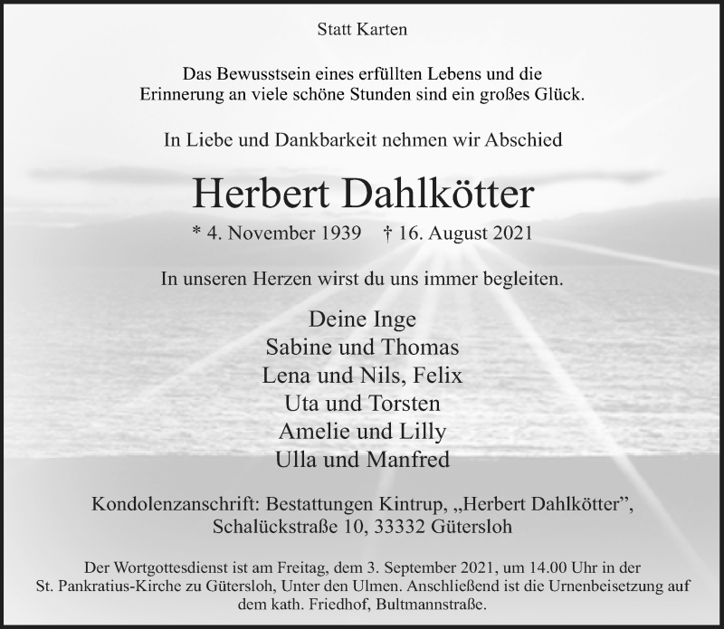  Traueranzeige für Herbert Dahlkötter vom 21.08.2021 aus Neue Westfälische