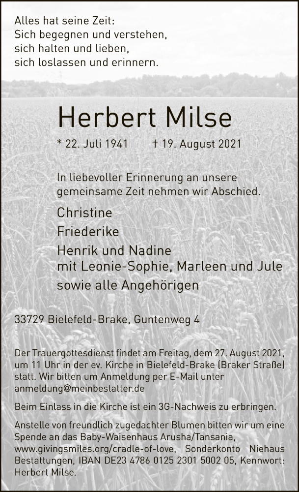  Traueranzeige für Herbert Milse vom 24.08.2021 aus Neue Westfälische