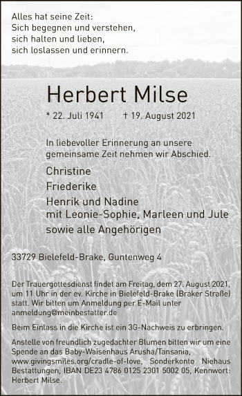 Traueranzeige von Herbert Milse von Neue Westfälische