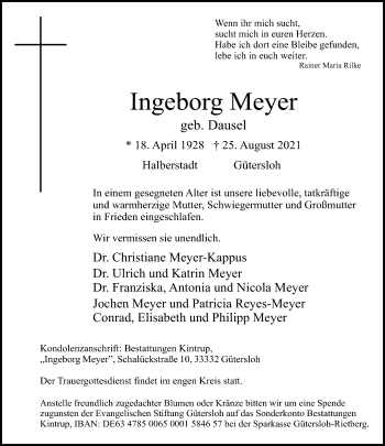 Traueranzeige von Ingeborg Meyer von Neue Westfälische