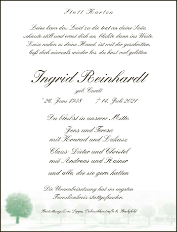Traueranzeige von Ingrid Reinhardt von Neue Westfälische