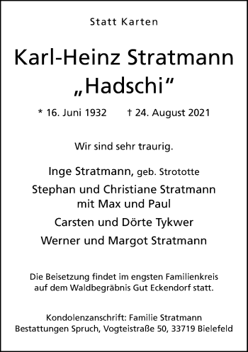 Traueranzeige von Karl-Heinz Stratmann von Neue Westfälische