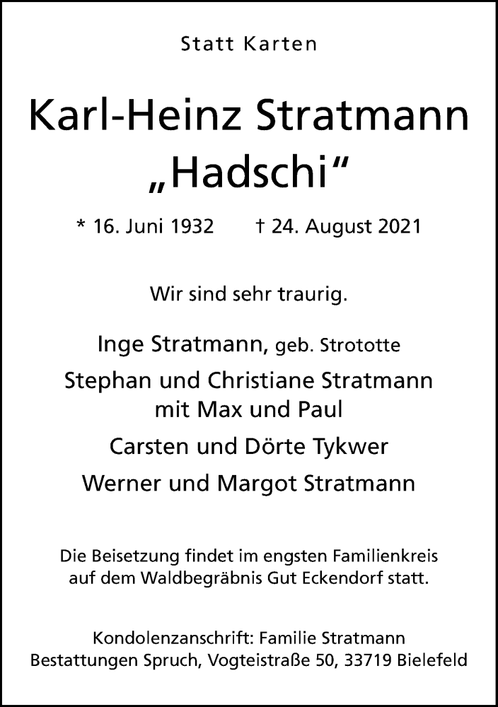  Traueranzeige für Karl-Heinz Stratmann vom 28.08.2021 aus Neue Westfälische