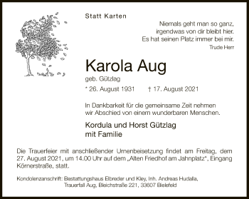 Traueranzeige von Karola Aug von Neue Westfälische