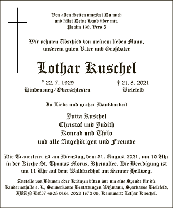 Traueranzeige von Lothar Kuschel von Neue Westfälische