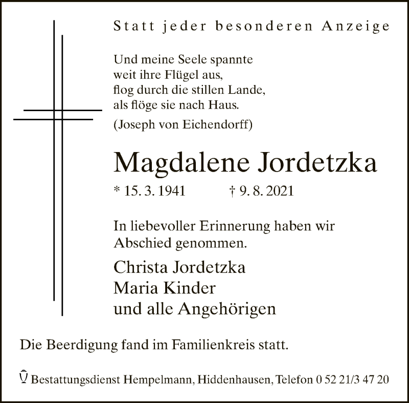  Traueranzeige für Magdalene Jordetzka vom 14.08.2021 aus Neue Westfälische