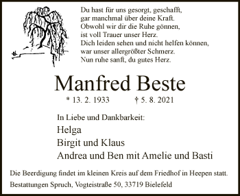Traueranzeige von Manfred Beste von Neue Westfälische