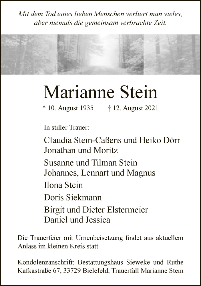  Traueranzeige für Marianne Stein vom 28.08.2021 aus Neue Westfälische