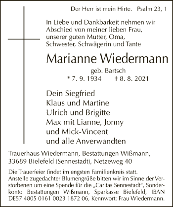 Traueranzeige von Marianne Wiedermann von Neue Westfälische