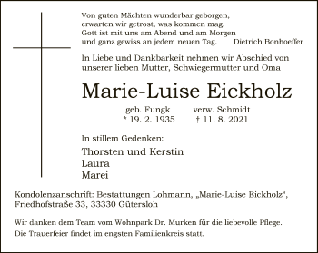 Traueranzeige von Marie-Luise Eickholz von Neue Westfälische