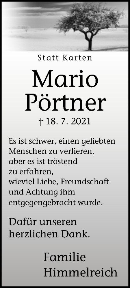  Traueranzeige für Mario Pörtner vom 14.08.2021 aus Neue Westfälische
