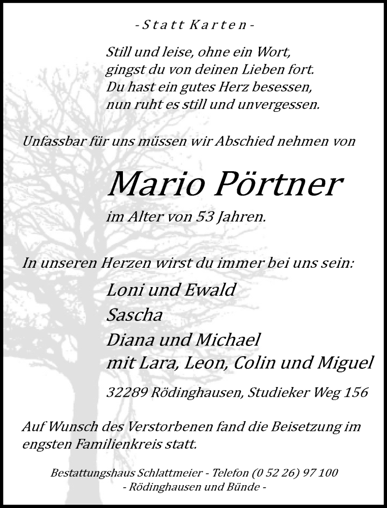  Traueranzeige für Mario Pörtner vom 07.08.2021 aus Neue Westfälische
