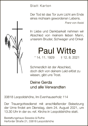 Traueranzeige von Paul Witte von Neue Westfälische
