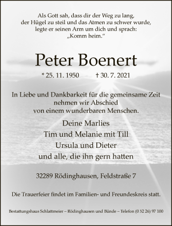 Traueranzeige von Peter Boenert von Neue Westfälische