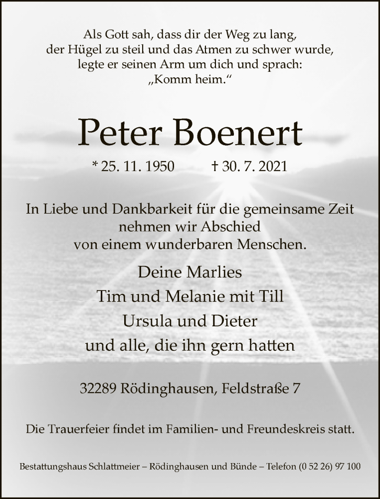  Traueranzeige für Peter Boenert vom 07.08.2021 aus Neue Westfälische