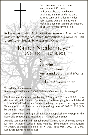 Traueranzeige von Rainer Niedermeyer von Neue Westfälische